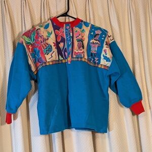 Vintage K'neeltje Kids Blue Graphic Sweater - 90s Nostalgic Folk Art Throwback